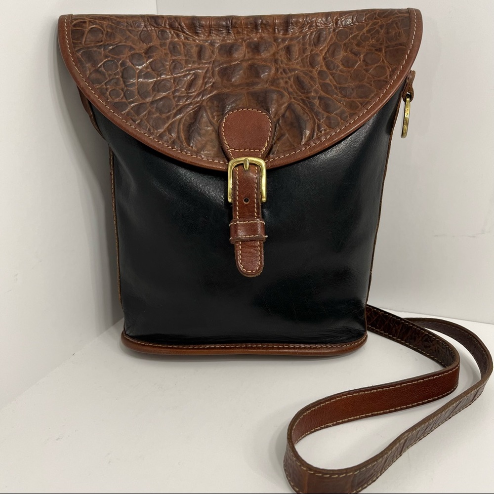 Brahmin Vintage Black Leather Oval Bag w/ Brown Alligator Flap & Strap